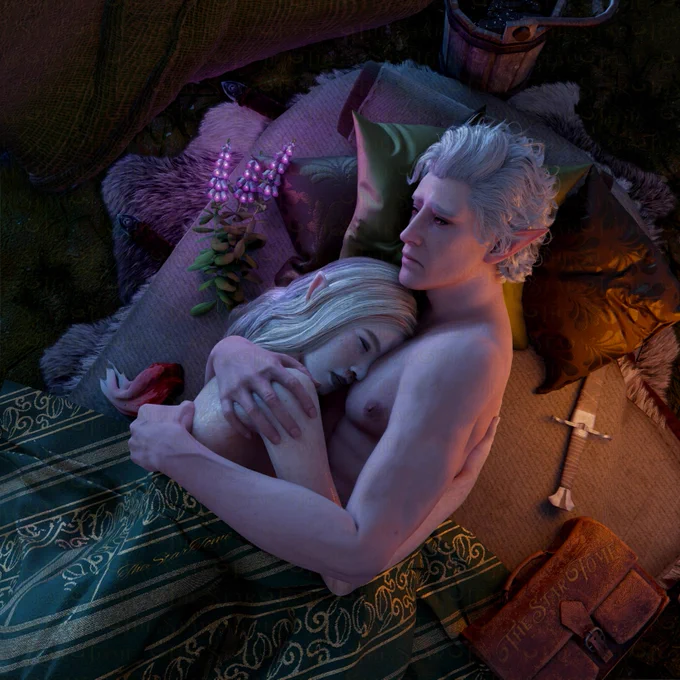 A tenderly agonizing moment of Astarion grasping for hope whilst holding Dreya as she fights for her life against an ominous fever with looming consequences. Both figures laying on a camp bedroll softly lit by moonlight, a candles glow and luminescent Faerûn foxgloves. A bucket of water sits at the head of the bedroll while a bloody rag lays beside them.