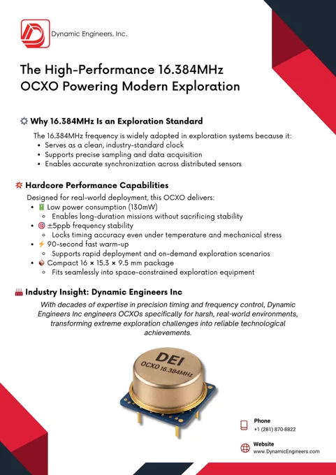 Infographic from Dynamic Engineers Inc describing a high-performance 16.384 MHz OCXO crystal oscillator with low power consumption, ±5 ppb frequency stability, 90-second warmup, and compact size for exploration, AIoT, and distributed sensor timing systems.