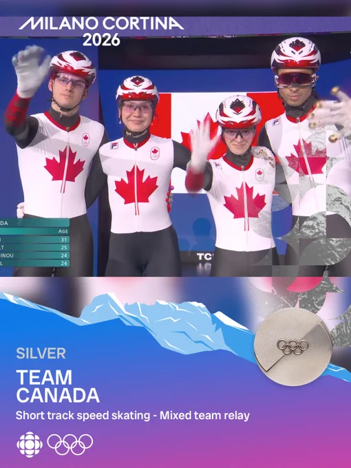 Four people in Team Canada speed skating gear, linking arms and waving. (Text below reads) "Silver. Team Canada. Short track speed skating - Mixed team relay".