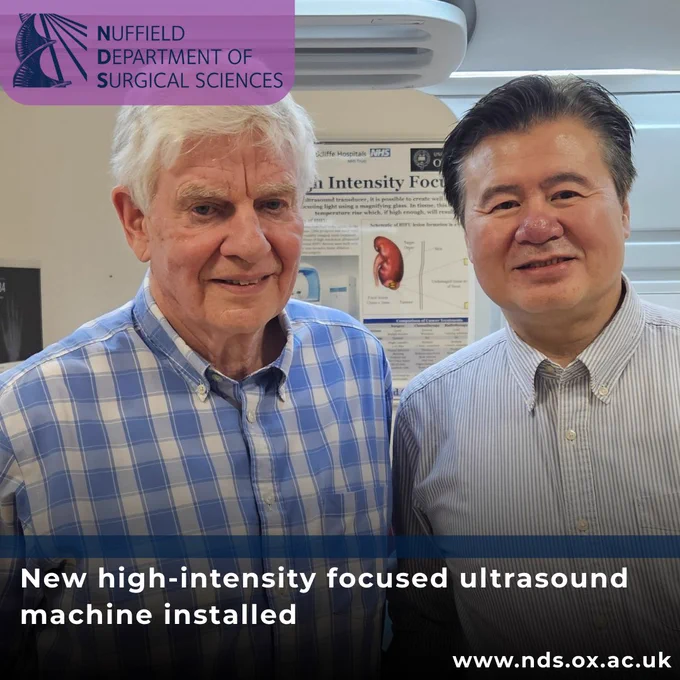 NDS logo, picture of Professors David Cranston and Feng Wu, Text that reads: New high-intensity focused ultrasound machine installed, ww.nds.ox.ac.uk