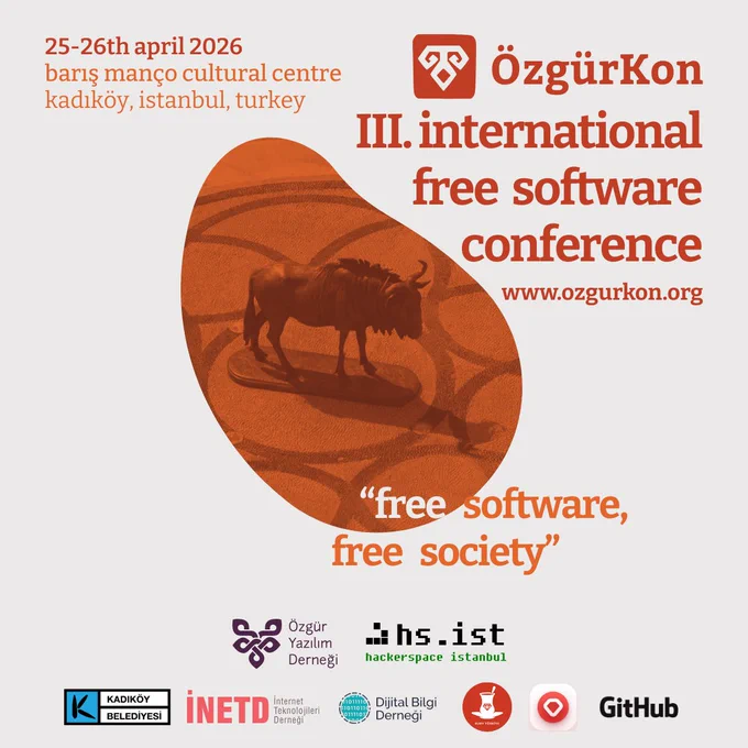 The banner for ÖzgürKon 2026, the famous bull statue of Kadıköy is replaced with a GNU