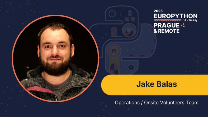Cover photo of Jake Balas, member of the Operations Team and Onsite Volunteering Lead at EuroPython 2025 Prague & Remote