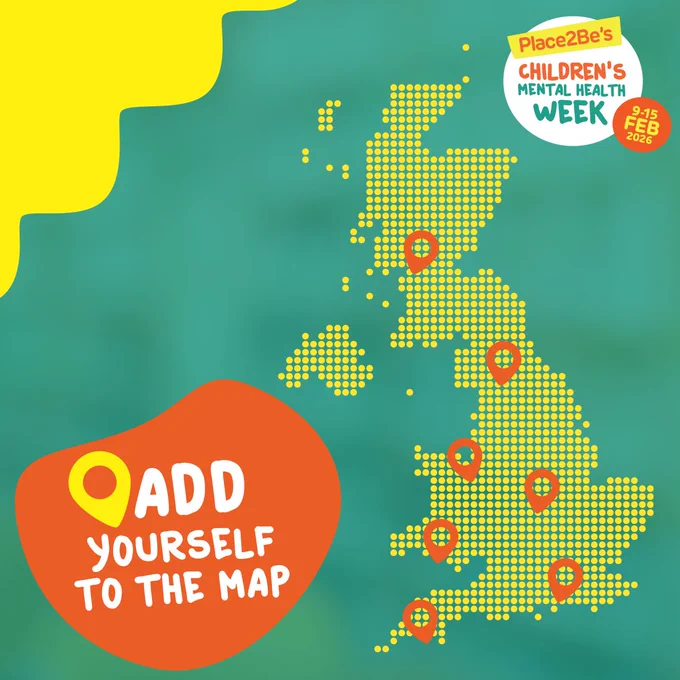 Graphic for Children's Mental Health Week, 9-15 February 2026, displaying a map of the UK made of yellow dots with red location markers, next to a red speech bubble that says 'Add Yourself to the Map'.
