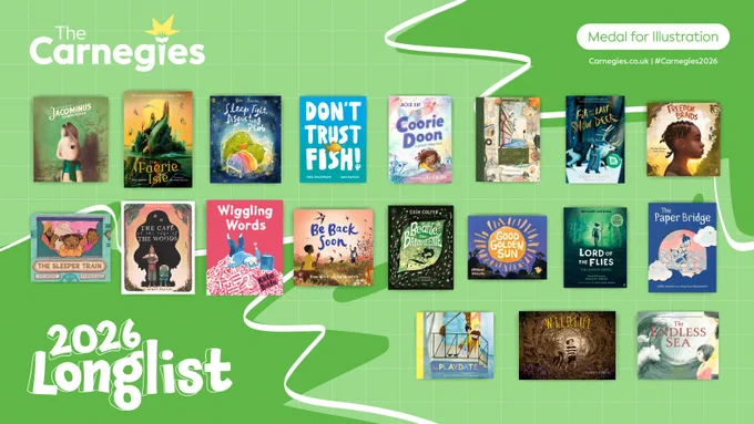 Colorful book covers arranged in a grid showcasing the 2026 Carnegie Medal longlist titles.