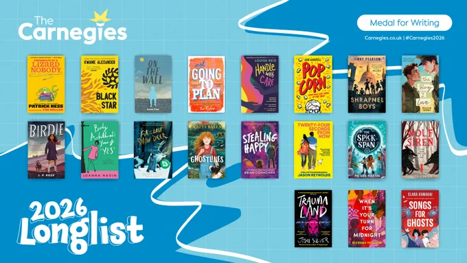 Colorful book covers arranged in a grid showcasing the 2026 Carnegie Medal longlist on a blue background.