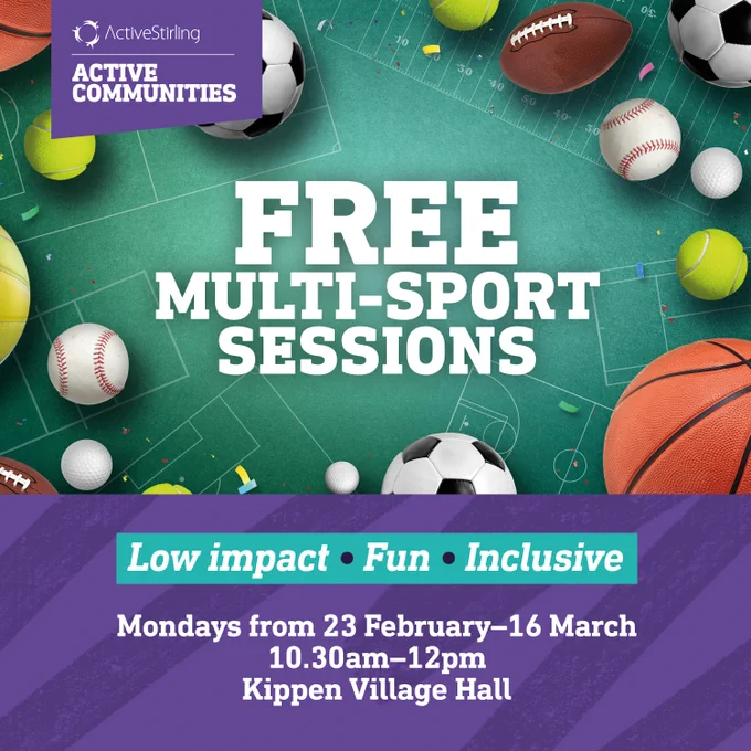 Join our free inclusive multi sport sessions in Kippen this February. Try low impact sports, meet new people and enjoy friendly weekly activities at Kippen Village Hall. Dates 23 Feb - 16  Mar, 10.30am-12pm at Kippen Village Hall. 