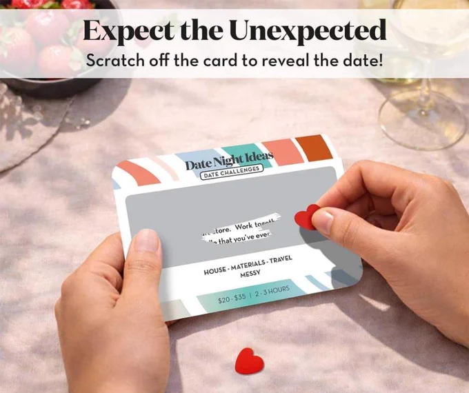 Scratch, reveal, and enjoy unforgettable moments with “Romantic & Fun Scratch Off Date Night Ideas Card Game”. Perfect for Valentine’s Day.

