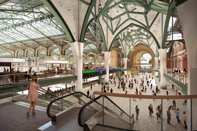 Image shows an artists visualisation of what the inside of London Liverpool Street could look like. 