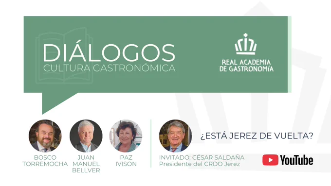 Coloquio sobre vinos de Jerez con César Saldaña, presidente del CRDO del Marco de Jerez organizado por la Real Academia de Gastronomía.