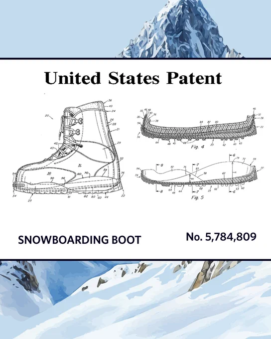 The image features a United States Patent for a snowboarding boot, No. 5,784,809. It includes technical drawings of the boot from different angles, highlighting its design details. The background shows snow-covered mountains.