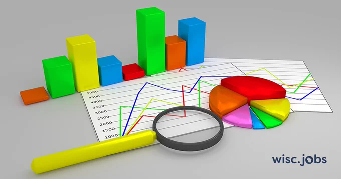 Image: illustrated business charts and graphs; Wisc.Jobs