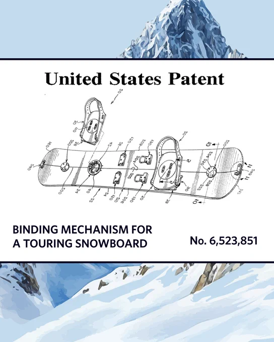 Patent illustration for a binding mechanism of a touring snowboard, labeled United States Patent No. 6,523,851. Includes diagrams with various components and technical annotations. Mountain background.