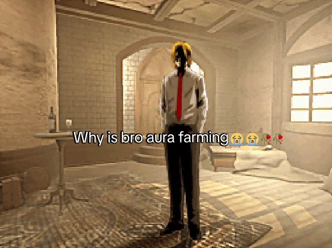 Image from the game Another Code: Two Memories, also known in North America as Trace Memory. A blonde man is standing tall in a lobby, their face obscured. A caption reads: Why is bro aura farming😭😭🥀🥀
