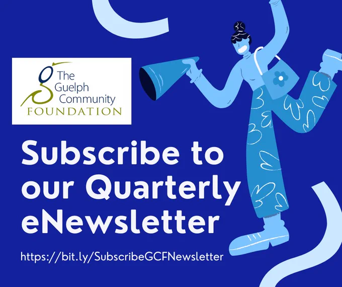 Illustration of a joyful woman with a megaphone "Subscribe to our Quarterly eNewsletter" on a blue background
