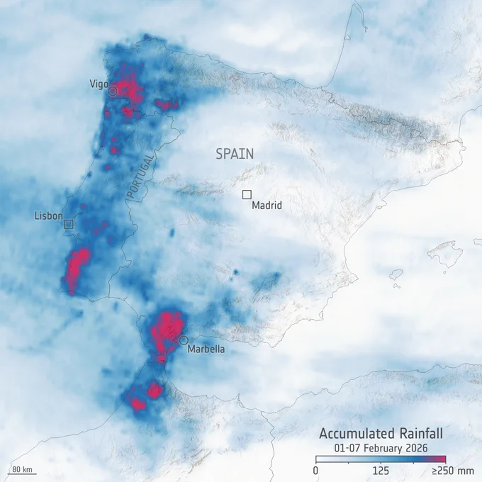 A satellite‑derived map showing accumulated rainfall over the Iberian Peninsula from 1 to 7 February 2026. Western Portugal and parts of northwestern Spain appear in deep red, indicating more than 250 millimetres of rainfall. Surrounding areas are shown in shades of blue, representing lower rainfall totals. Cities including Lisbon, Vigo, Madrid and Marbella are labelled. A legend at the bottom right displays rainfall values from 0 to over 250 millimetres.