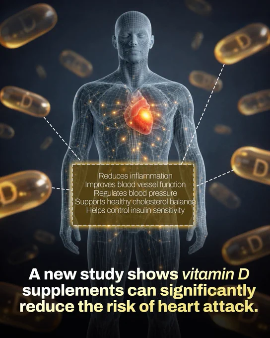 🫀Recent research from the American Heart Association (AHA) indicates that vitamin D plays a meaningful role in supporting cardiovascular health. 

According to AHA-referenced findings, adequate vitamin D levels are associated with reduced inflammation, improved blood vessel function, and better regulation of blood pressure. The research also links vitamin D to healthier cholesterol balance and improved insulin sensitivity, both of which are important for heart health. 

These combined effects suggest that vitamin D may help lower risk factors associated with heart attacks, particularly in individuals who are deficient.