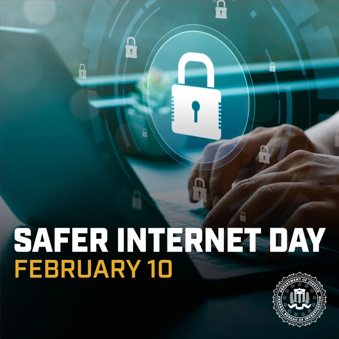 Hands typing on a laptop keyboard with digital padlock icons symbolizing cybersecurity for Safer Internet Day on February 10. FBI seal in corner. 