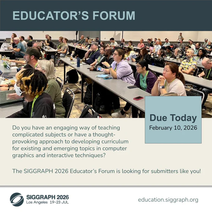 Photo featuring a conference room filled with SIGGRAPH attendees looking forward. Text is copied from the submission page on the SIGGRAPH 2026 conference website, linked in the post.