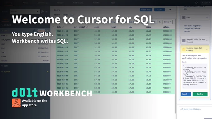 Cursor for SQL interface Dolt Workbench showing a query result table with stock data and a sidebar for commit actions in a dark-themed workbench environment.