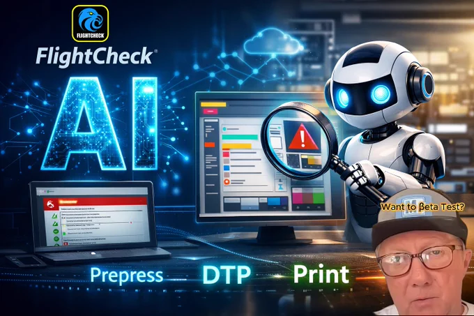 AI in prepress, DTP and print with FlightCheck AI by MarkzPortal from Markzware an image of AI, FlightCheck logo modern computers and a man ask for beta testers