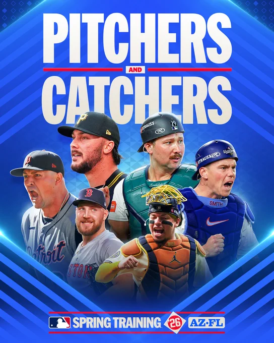 Pitchers and Catchers
Spring Training 2026
Pictured: Paul Skenes, Cal Raleigh, Tarik Skubal, Will Smith, Garrett Crochet, and William Contreras in various action poses.