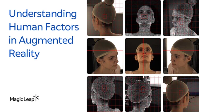 A series of images showcases the multiple angles each test subject is scanned from to collect comprehensive anthropometric data. It also says Understanding Human Factors in Augmented Reality and has the Magic Leap logo.