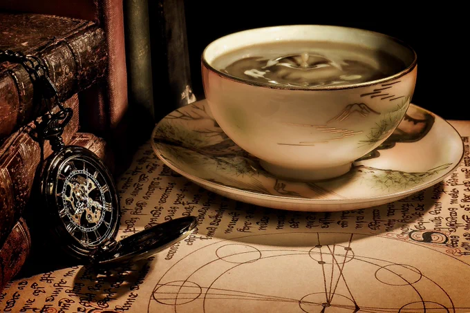 Bild einer Tasse Tee auf dem Ausschnitt eines Folianten, daneben ein kleiner Stapel historischer Bücher, von denen eine aufgeklappte Taschenuhr von ihrer Kette hängt