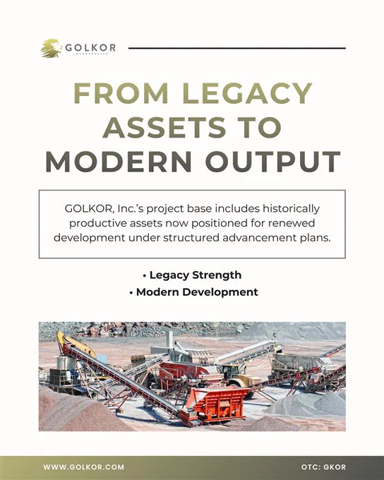 Mineral processing plant with conveyor systems, crushers, and aggregate stockpiles at an active gold mining site, representing Golkor, Inc.’s modernization of legacy assets into scalable mineral production infrastructure with enhanced processing capability and operational efficiency.