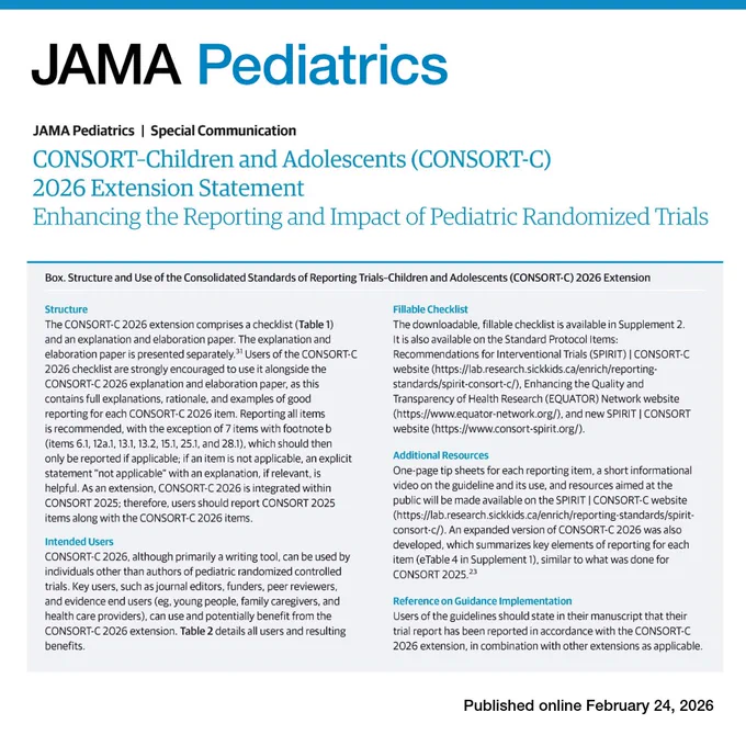JAMA Pediatrics | Special Communication: CONSORT-Children and Adolescents (CONSORT-C) 2026 Extension Statement Enhancing the Reporting and Impact of Pediatric Randomized Trials. The document discusses structure, intended users, fillable checklist, and additional resources.