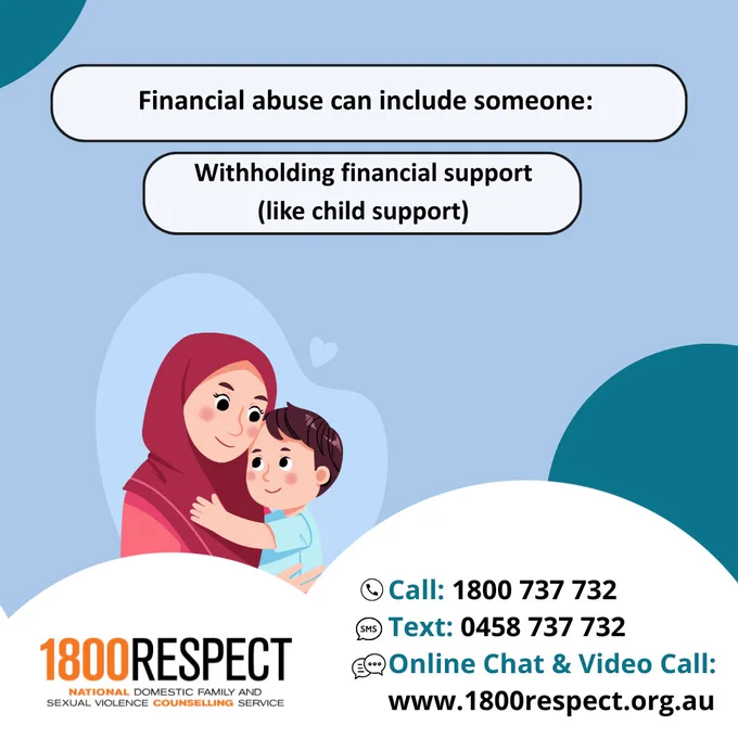 A set of carousel images that says, “Financial abuse can include someone: Taking control of your finances, denying you access to your own or joint accounts, withholding financial support (like child support) and making you liable for debts not incurred by you.” The 1800RESPECT number 1800 737 732 and the text number 0458 737 732 and the website URL www.1800RESPECT.org.au for online chat and video call services are visible. The 1800RESPECT logo is in the bottom left corner. 