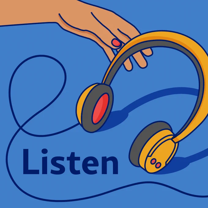A hand reaching for a pair of headphones next to the word 'Listen'.