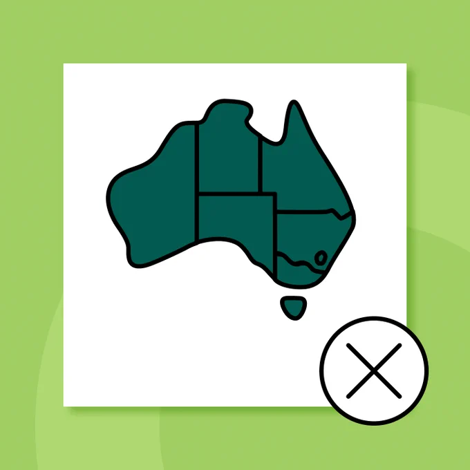 A map of Australia in dark green with a black outline. Next to it is a cross.