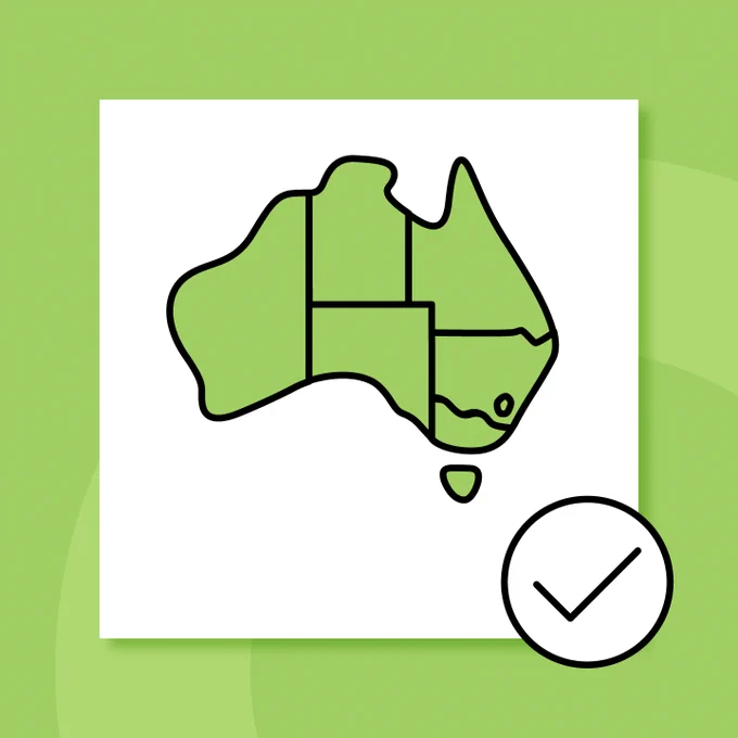 A map of Australia in light green with a black outline. Next to it is a tick.