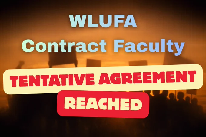 graphic of a sunrise behind a crowd of picketers - words: WLUFA Contract Faculty - Tentative Agreement Reached