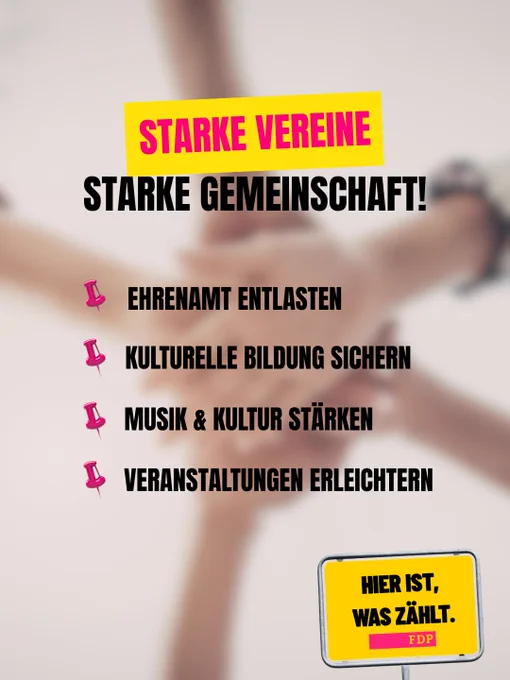 Ein Plakat mit einer gelben Überschrift "STARKE VEREINE - STARKE GEMEINSCHAFT!" und einer Liste von vier Punkten zur Förderung starker Gemeinschaften.