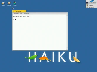 Capture d'écran d'un bureau Haiku OS : fond d'écran bleu avec le logo 'HAIKU' en blanc et deux feuilles stylisées en orange et vert en bas au centre.
En haut à gauche, une fenêtre de terminal ouverte affichant le texte 'Welcome to the Haiku shell!'.
En haut à droite, des icônes de raccourcis pour les dossiers et applications. 