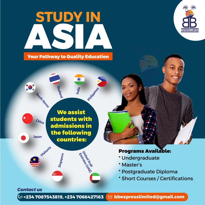 Study Abroad 2026

You have the opportunity to study in Asia today. 

📍Affordable Tuition 
📍Learn about new cultures and lifestyles
📍Study and work
📍Meet beautiful people ❤️ 
📍Learn in a conducive environment 

Send a DM today. Find the numbers on the flier. 

#studyabroad #studyinAsia #StudyinPhilippines #studyinUAE #StudyinJapan

