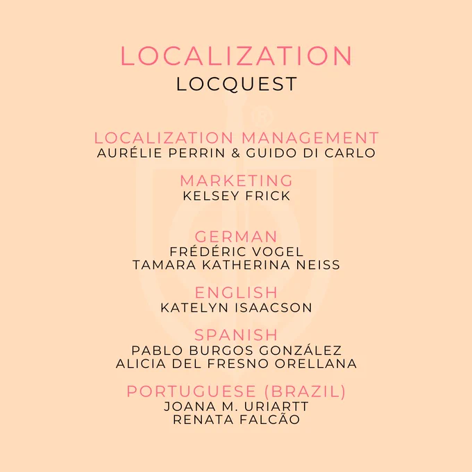 The names and roles of all the localization managers, translators, and LQA specialists involved in localizing the game.