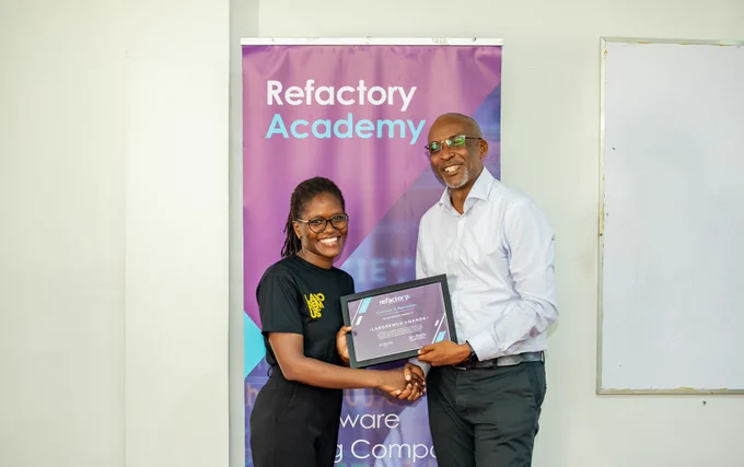Refactory Academy presents a Certificate of Appreciation to Laboremus Uganda, recognizing them as a key tech talent partner.