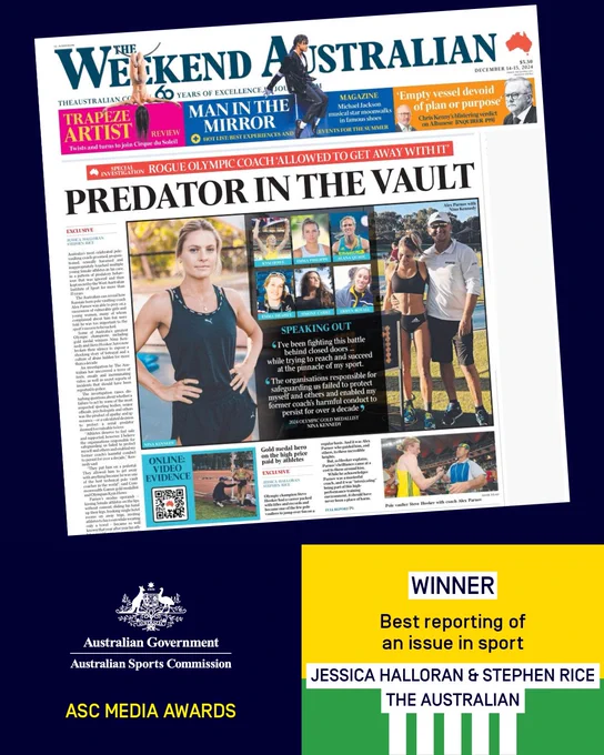 This image shows a page from The Weekend Australian newspaper featuring an article titled "Predator in the Vault." It includes photos of athletes and a news headline about an Olympic coach. There is a notice at the bottom about the Australian Sports Commission's ASC Media Awards, indicating a winner for the best reporting of an issue in sport by Jessica Halloran and Stephen Rice from The Australian.