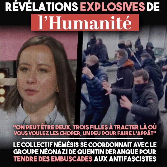Alice Cordier, cheffe de Némésis, à côté d'une image des fascistes ayant tendu le guet-apens qui a aboutit à la mort de Quentin Deranque.