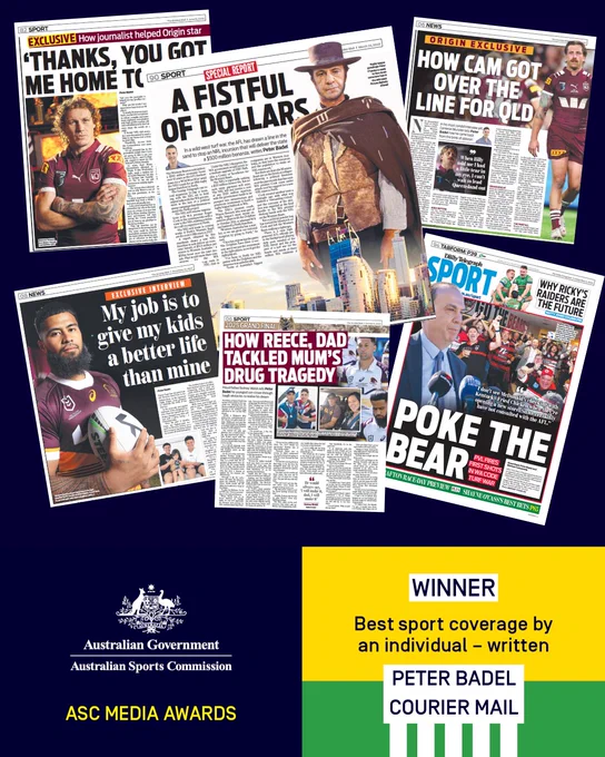 Magazine collage featuring headlines like "A Fistful of Dollars," "How Cam Got Over the Line," and "Thank You, Got Me Home Too." Includes images of athletes with rugby balls and action shots. The bottom displays logos for the Australian Sports Commission and the ASC Media Awards, highlighting the Courier Mail and Peter Badel as winners for best sports coverage.