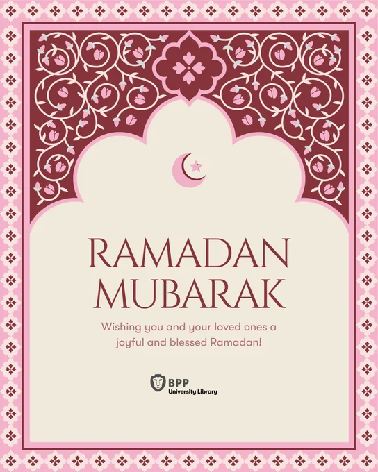 Bold red text reads 'Ramadan Mubarak: wishing you and your loved ones a joyful and blessed Ramadan!'. The background is cream and dark red, illustrated with an intricate pattern of flower vines and  pink, red, and white border of pointed star-like tiles. A pale pink crescent moon and star is visible above the words 'Ramadan Mubarak'.