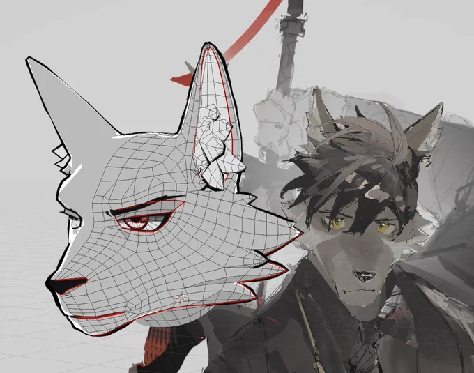 Modelisation of a humanoid wolf head with the reference behind