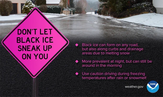 A graphic discussing the hazards of black ice. Use extra caution if traveling today! 