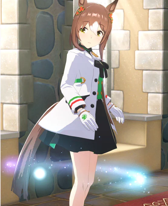 brown-haired anime horse girl in a black dress and white officer's jacket, standing in a castle hallway.