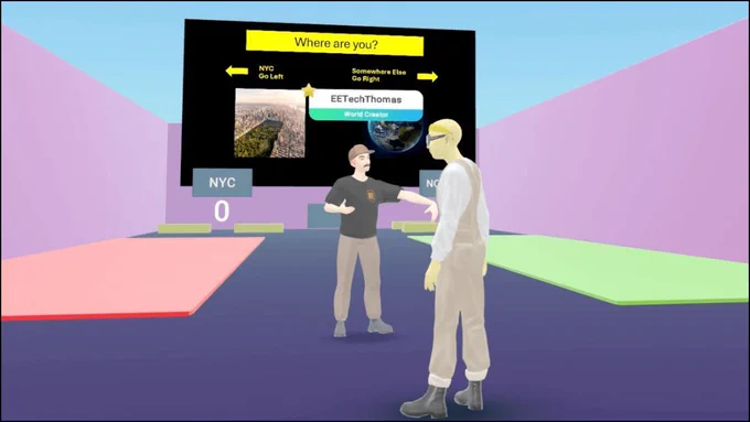 Thomas Logan's avatar in Meta Horizons with a screen behind him and another avatar near his. 