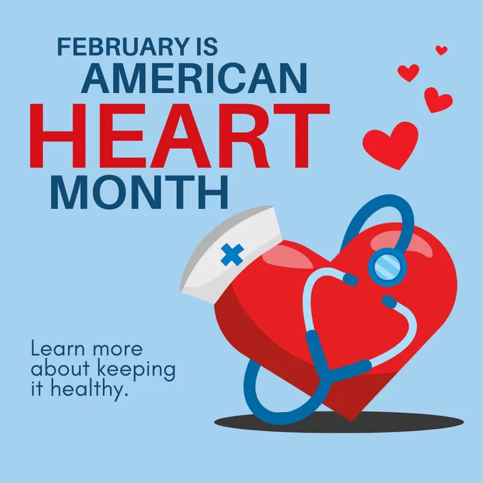 Heart cartoon with the words, "Feb is American Heart Month. Learn more about keeping it healthy."