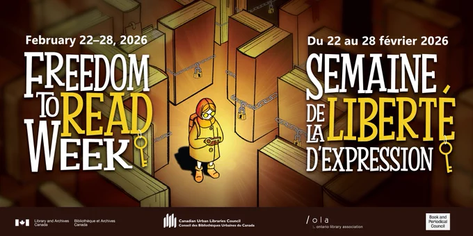 The image is a promotional poster for "Freedom to Read Week" from February 22-28, 2026, displaying a character in a maze of books holding a glowing key. The books are locked with large chains and padlocks, symbolizing restricted access to information.