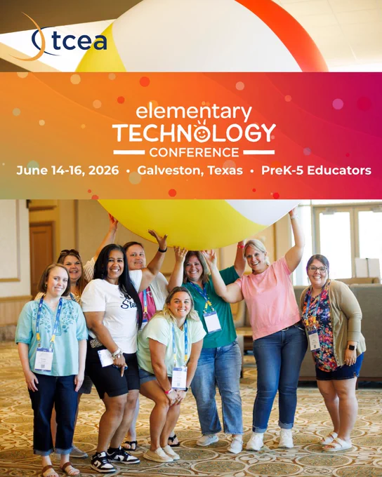 The TCEA logo is in the top left corner of the image. A pink, red, and orange banner titled "elementary technology conference" is near the top of the image and centered. The banner includes additional information regarding the conference, including the dates (June 14-16), location (Galveston, Texas), and target audience (PreK-5 Educators). The background of the image is a group of people smiling for a photo while holding a huge beach ball.